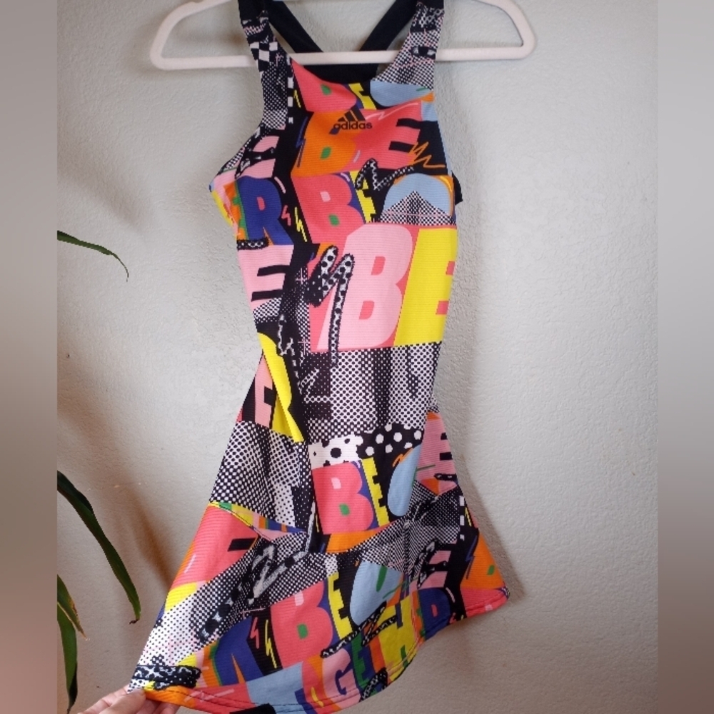 Adidas Tennis Prep 80s Graphic Print Racerback Built In Bra Athleisure Dress - Picture 6 of 11